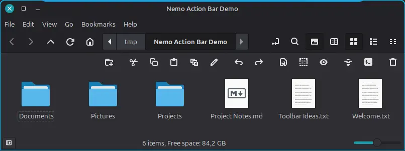 Nemo Action Bar with a native toolbar above a demo folder
